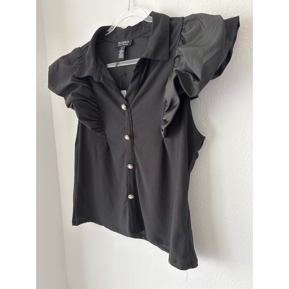 Pearl Button Black Ruffle Puff sleeve Blouse - Picture 2 of 14